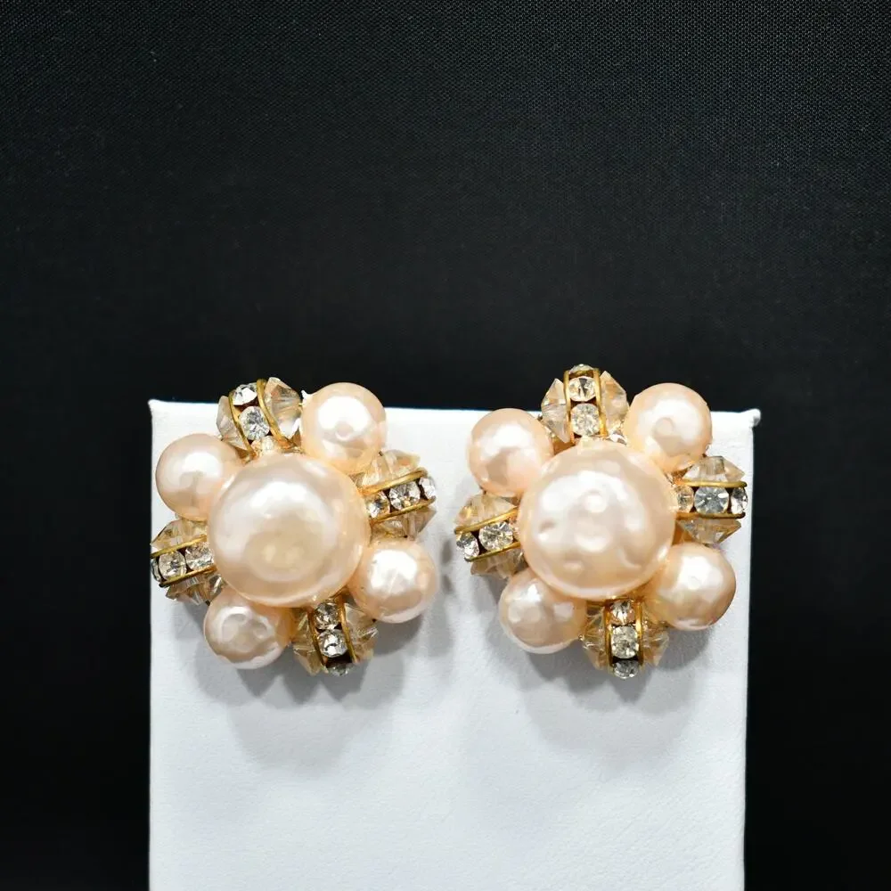 Vintage Lisner Pink Faux Pearl Rhinestone Earrings, Clip-On, Mid-Century, 1950s